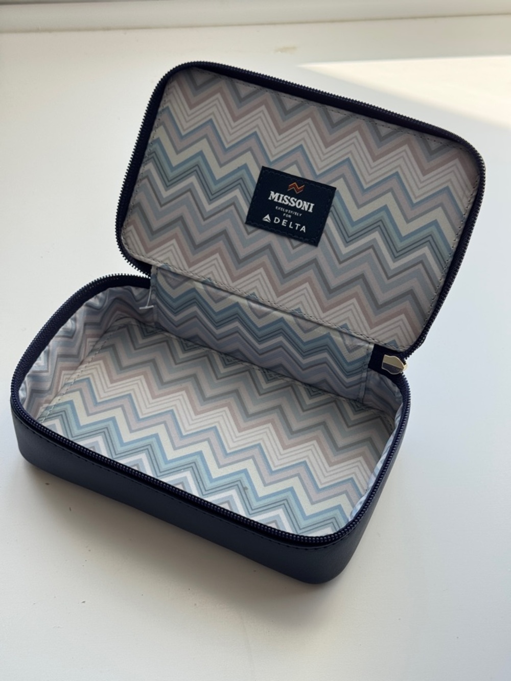 Missoni Navy Blue Zipper Zip Chevron Embossed Toiletry Case Lined Business Class